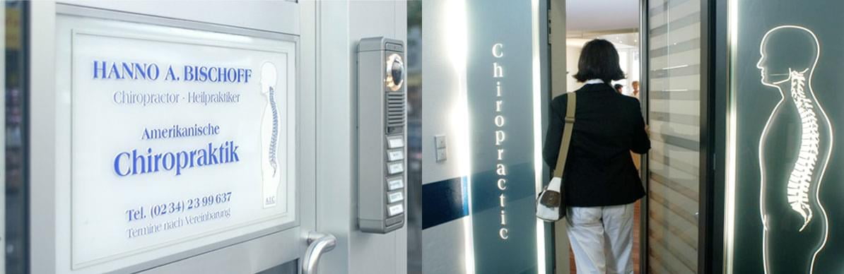 Eingang und Praxisschild – Amerikanische Chiropraxis Bischoff in Bochum